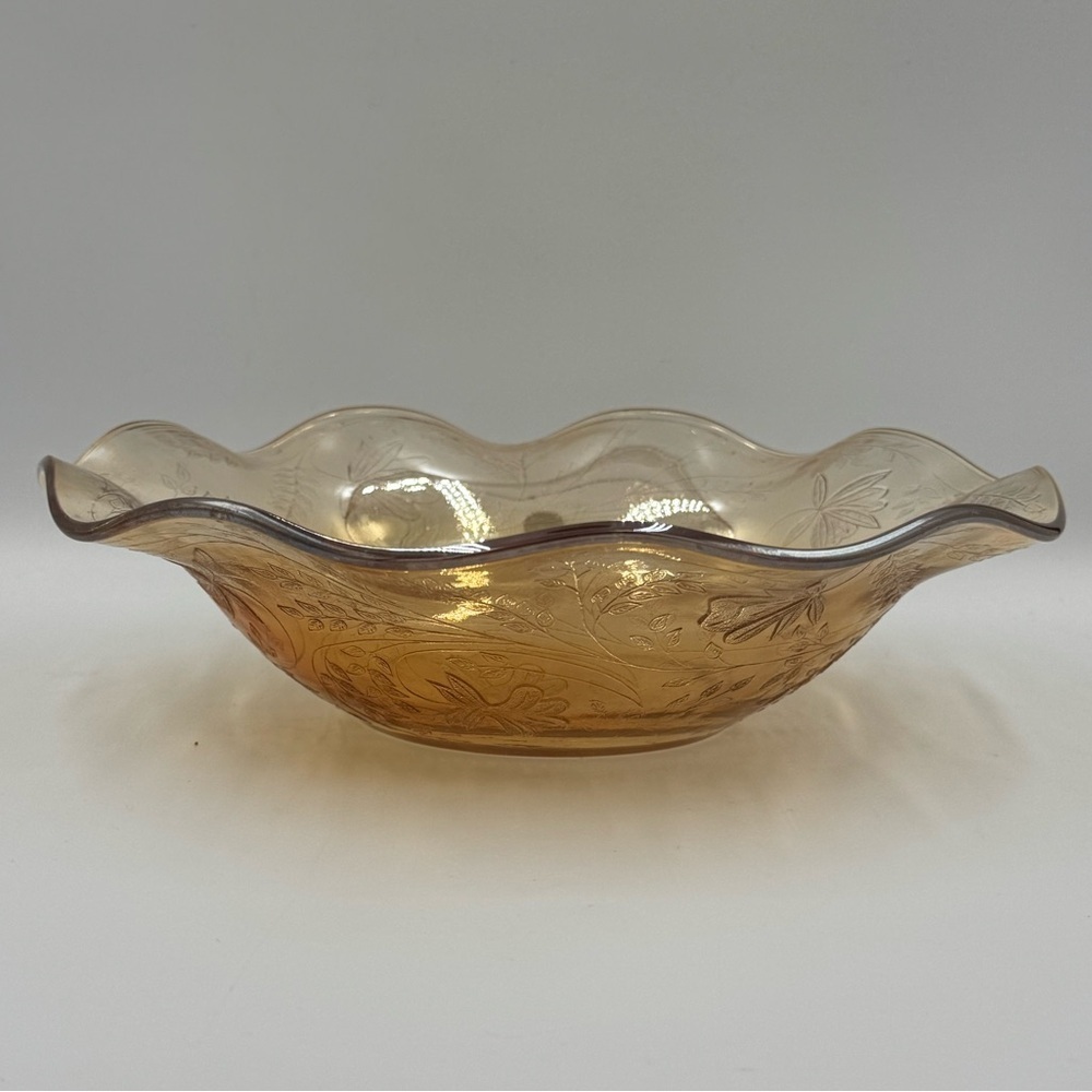 Vintage Jeannette Glass Floragold Louisa Ruffled Carnival Glass Serving Bowl